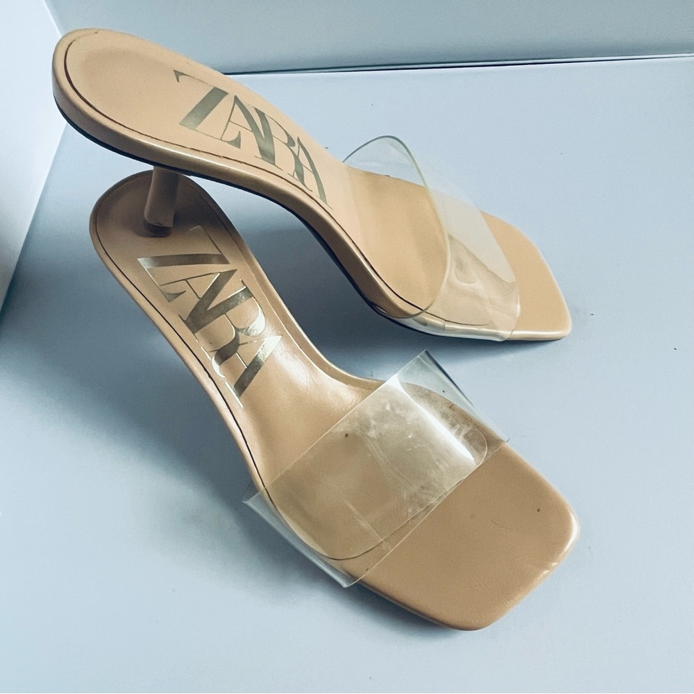 ZARA Clear Strap Heels Nude Mules Transparent Heel Sandals Size 36 US 6